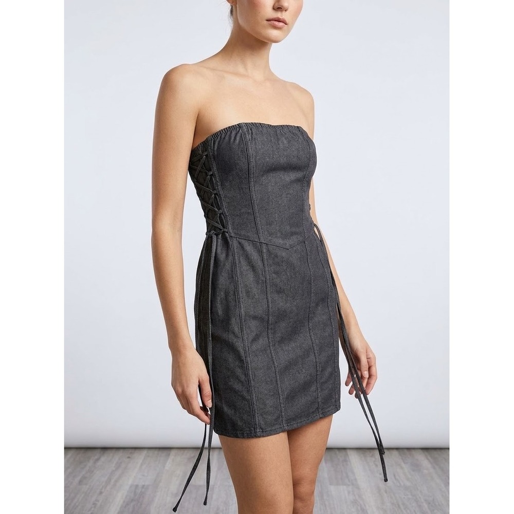 PrettyLittleThing Black Twill Lace Up Bandeau Bodycon Mini Dress US 4 NEW